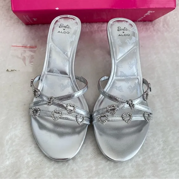 ALDO x Barbie Women's Barbiemule Strappy Kitten Heel Sandals, Silver, Womens 7.5