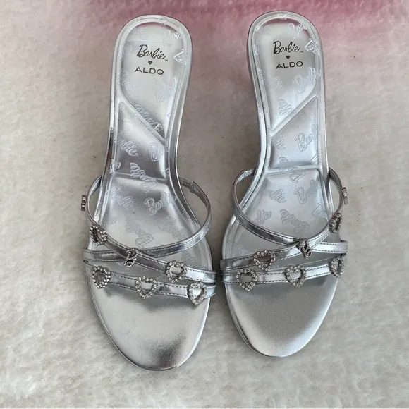 ALDO x Barbie Women's Barbiemule Strappy Kitten Heel Sandals, Silver, Womens 7.5
