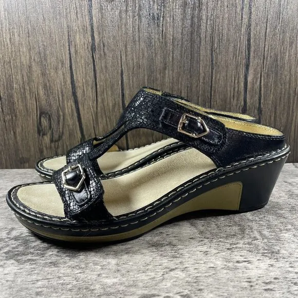 Alegria By PG Lite Lara Wedge Slides Sandals Women’s 41 Black Leather LAR-765X