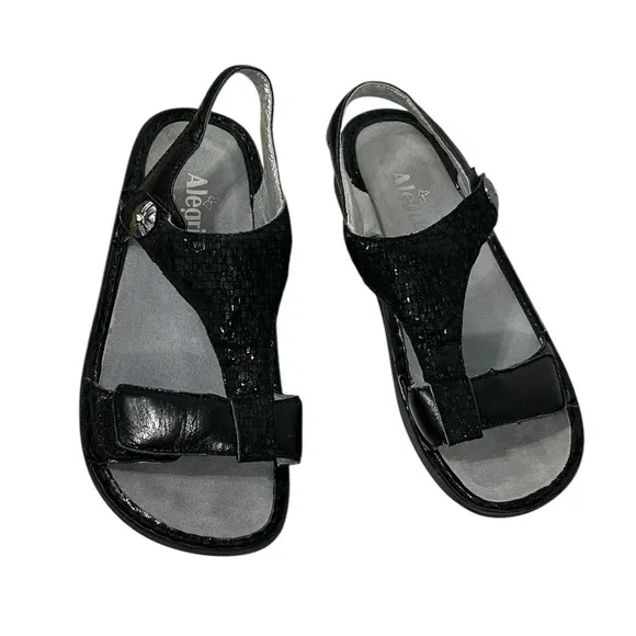 ALEGRIA Kendra Black Shimmer T-Strap KEN-765 Sandals Womens