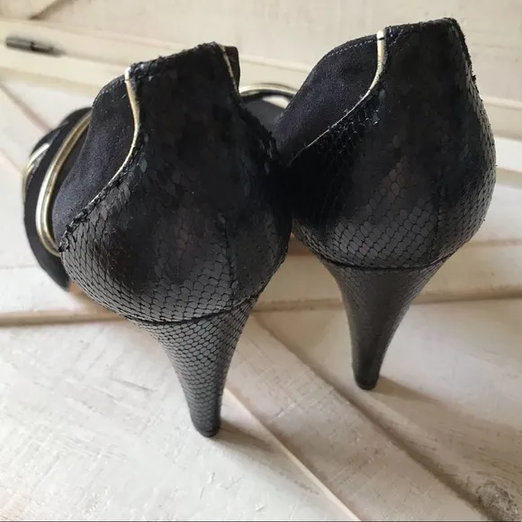 ALEJANDRO INGELMO Rita Heels In Black Suede with Gold accents (size 7.5)