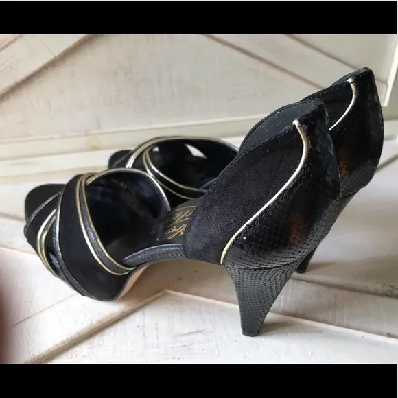 ALEJANDRO INGELMO Rita Heels In Black Suede with Gold accents (size 7.5)