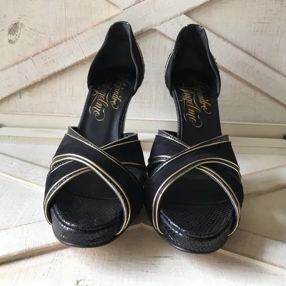 ALEJANDRO INGELMO Rita Heels In Black Suede with Gold accents (size 7.5)