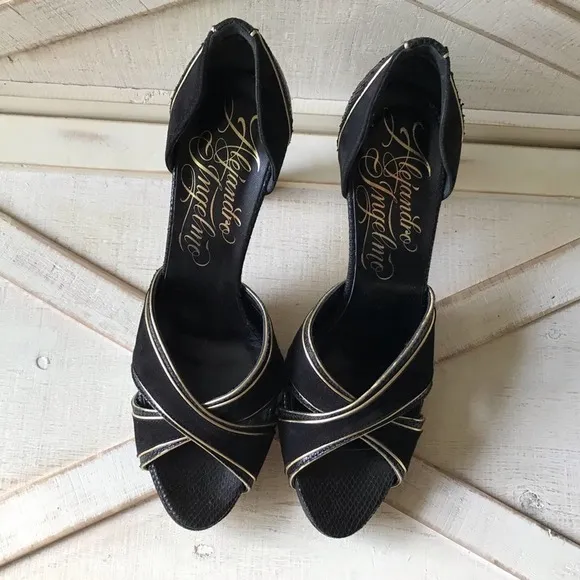 ALEJANDRO INGELMO Rita Heels In Black Suede with Gold accents (size 7.5)