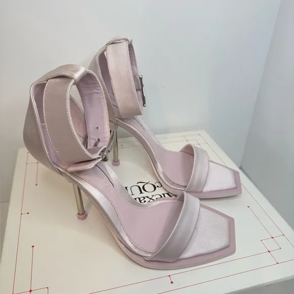 Alexander Mcqueen Women’s Pink Silk Satin Heel Sandals Side Buckle Size 36.5