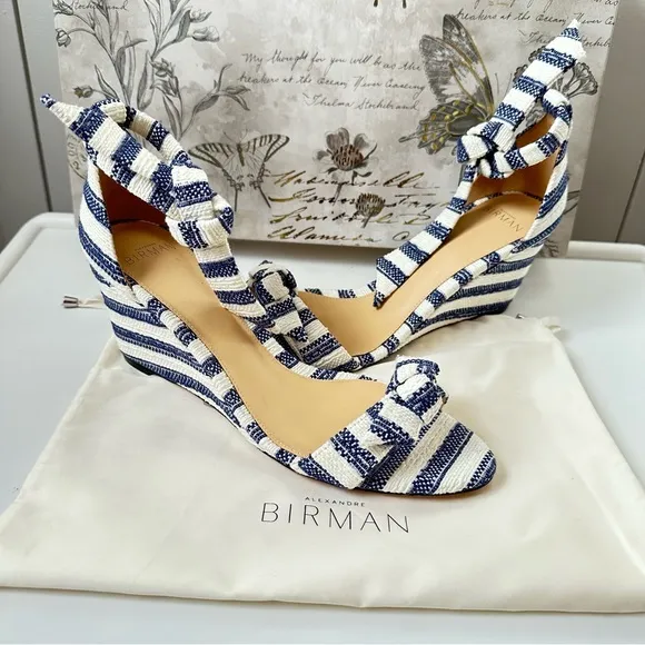 Alexandre Birman Clarita Wedge Sandals Blue and White Stripe Size 9 US/EU 39