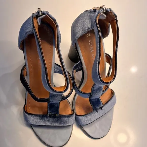 Alias Mae Blue Velvet Block Heel Caged Sandals Size 38/7.5 NWOB