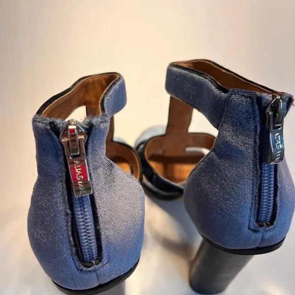 Alias Mae Blue Velvet Block Heel Caged Sandals Size 38/7.5 NWOB