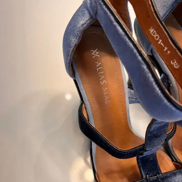 Alias Mae Blue Velvet Block Heel Caged Sandals Size 38/7.5 NWOB