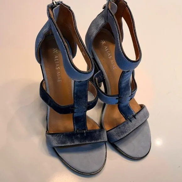 Alias Mae Blue Velvet Block Heel Caged Sandals Size 38/7.5 NWOB