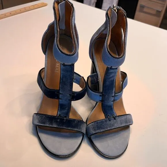 Alias Mae Blue Velvet Block Heel Caged Sandals Size 38/7.5 NWOB
