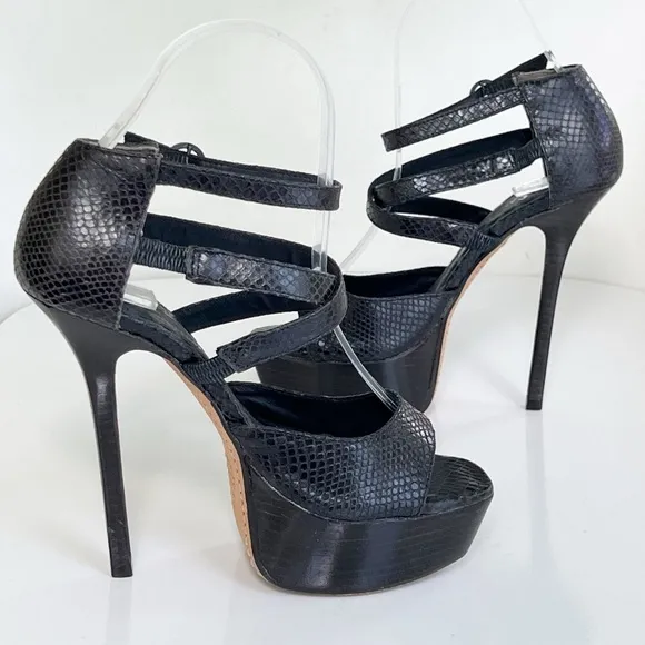 Alice   Olivia Black Snake Print Strappy High Heel Platform Sandals Size 36.5