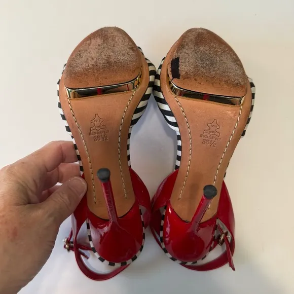 Alice   Olivia Petra Black &amp; White Striped Red Patent Leather Heel Sandals