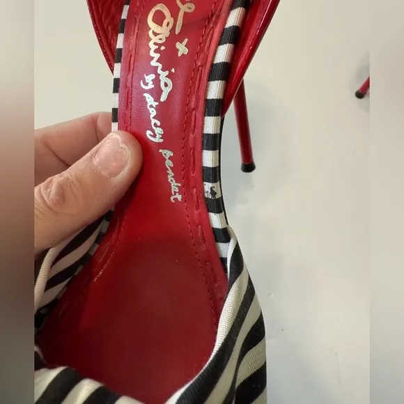 Alice   Olivia Petra Black &amp; White Striped Red Patent Leather Heel Sandals
