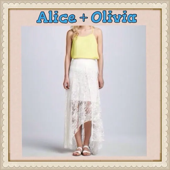 {Alice   Olivia} White Lace Hi-Low Skirt