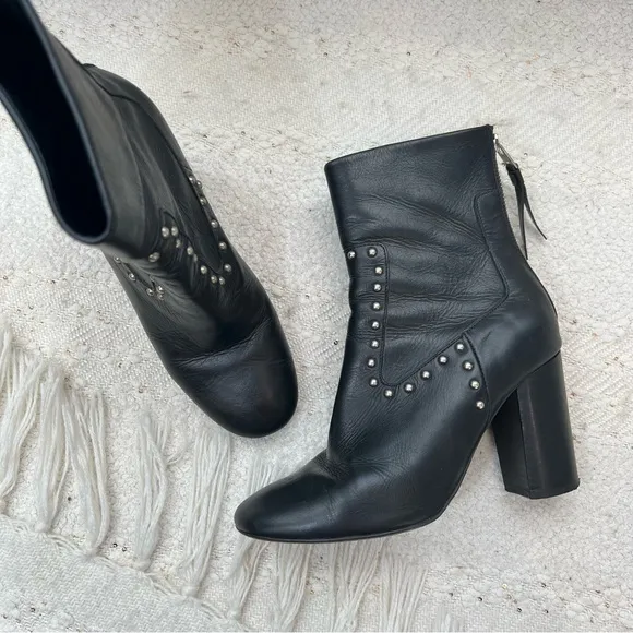 AllSaints Boots IVY Black Leather Studded High Heel Ankle Booties 7