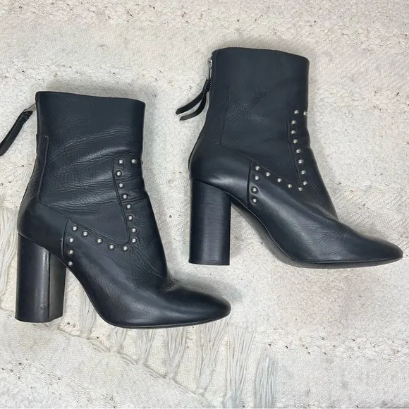 AllSaints Boots IVY Black Leather Studded High Heel Ankle Booties 7