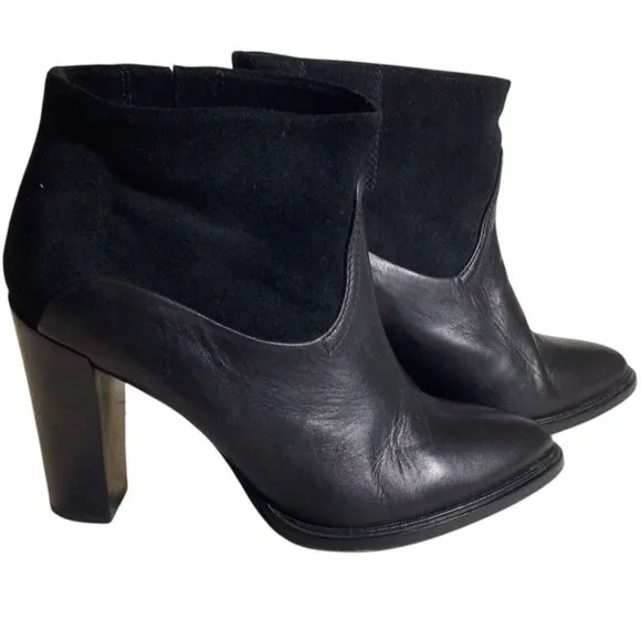 ALLSAINTS Pointed Toe Black Suede &amp; Leather Ankle Boots 39 US 9 Moto Block Heel