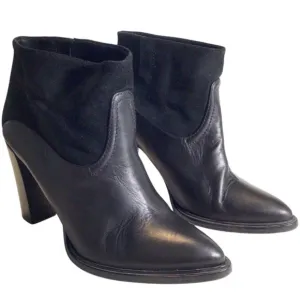 ALLSAINTS Pointed Toe Black Suede &amp; Leather Ankle Boots 39 US 9 Moto Block Heel