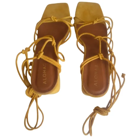 ALOHAS | Paloma Yellow Suede Block Heel Lace-Up Sandals in Size EU 41