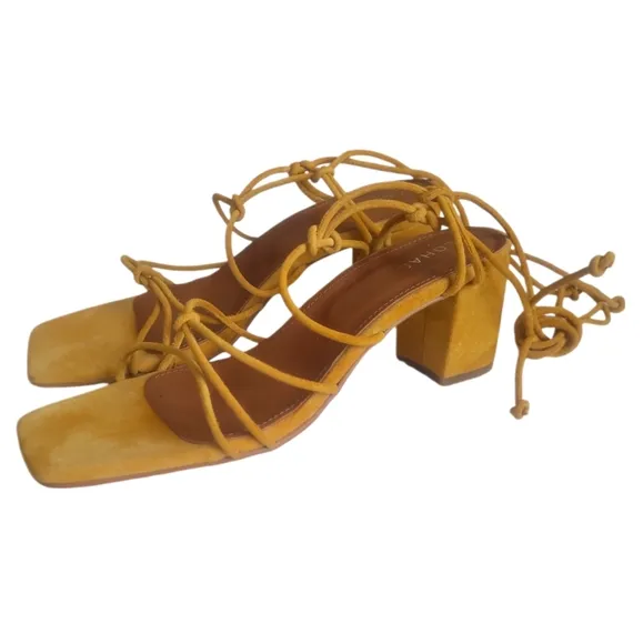 ALOHAS | Paloma Yellow Suede Block Heel Lace-Up Sandals in Size EU 41