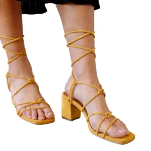 ALOHAS | Paloma Yellow Suede Block Heel Lace-Up Sandals in Size EU 41