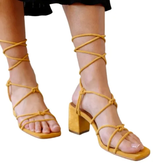 ALOHAS | Paloma Yellow Suede Block Heel Lace-Up Sandals in Size EU 41