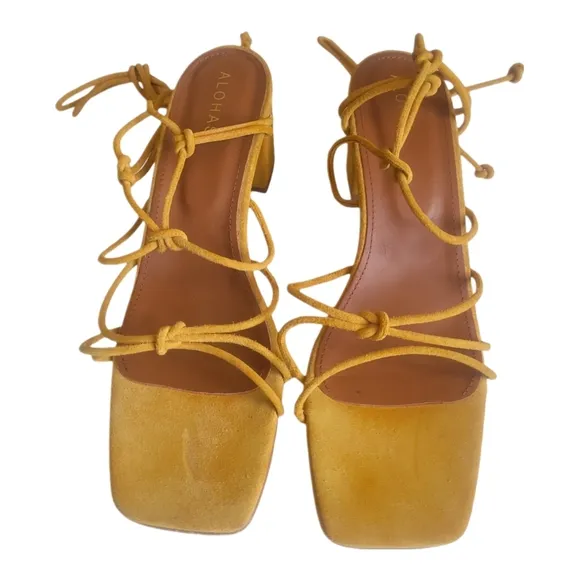 ALOHAS | Paloma Yellow Suede Block Heel Lace-Up Sandals in Size EU 41