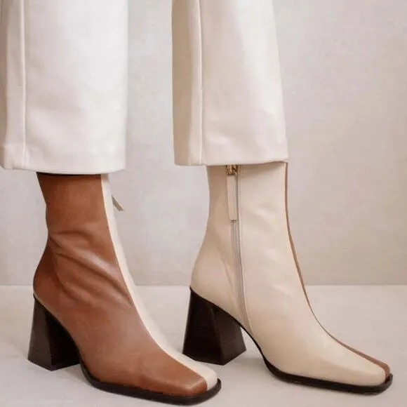 Alohas South Bicolor Boots Camel/Beige Block Heel Booties Two-Tone Colorblock