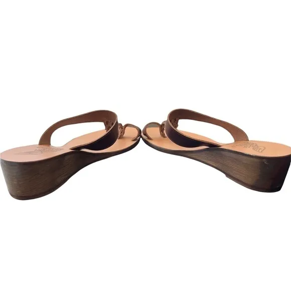 Ancient Greek Sandals Diani Melpomeni Brown Braided Leather Wood Wedge Sandal