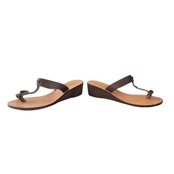 Ancient Greek Sandals Diani Melpomeni Brown Braided Leather Wood Wedge Sandal