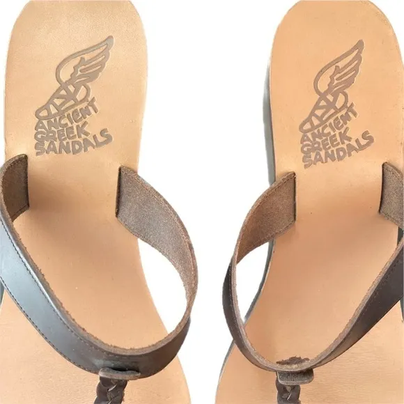 Ancient Greek Sandals Diani Melpomeni Brown Braided Leather Wood Wedge Sandal