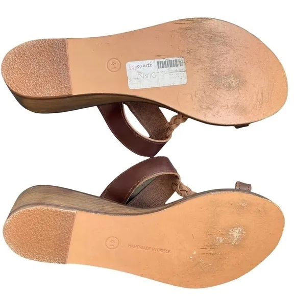 Ancient Greek Sandals Diani Melpomeni Brown Braided Leather Wood Wedge Sandal
