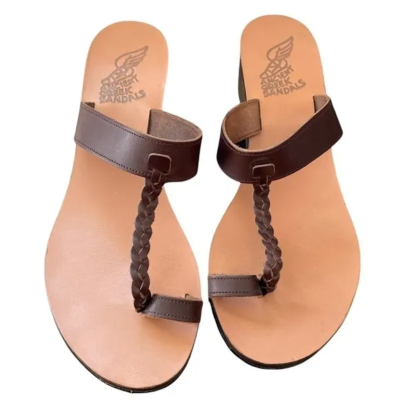 Ancient Greek Sandals Diani Melpomeni Brown Braided Leather Wood Wedge Sandal