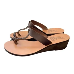 Ancient Greek Sandals Diani Melpomeni Brown Braided Leather Wood Wedge Sandal