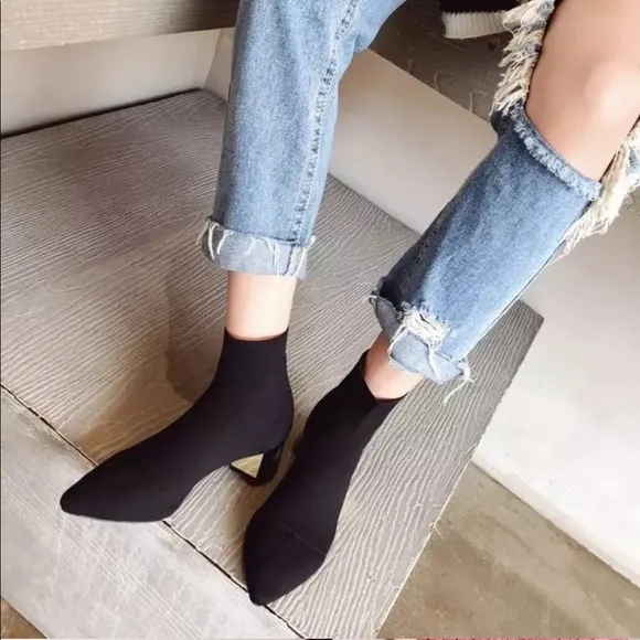 Ankle Knit Sock Booties w/ Block Heel