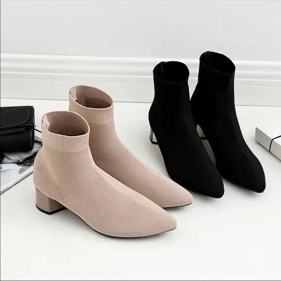 Ankle Knit Sock Booties w/ Block Heel