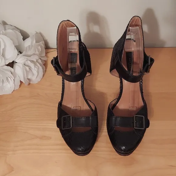 Ann Taylor Black Snakeprint Leather Platform Heels with Buckle Details Size 8