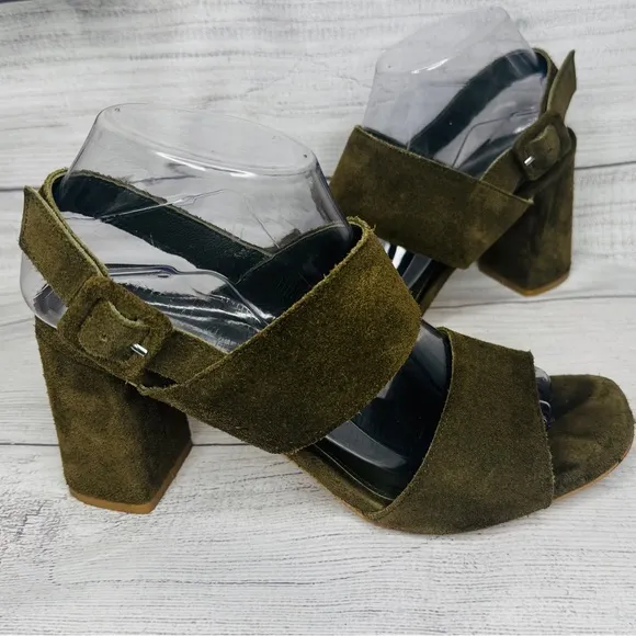 Anonymous Copenhagen Army Green Suede Block Heel Sandals Size 39