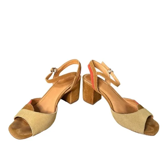 Anthropologie | Bill Blass Suede Square Open Toe Block Heel Sandals Size 6.5
