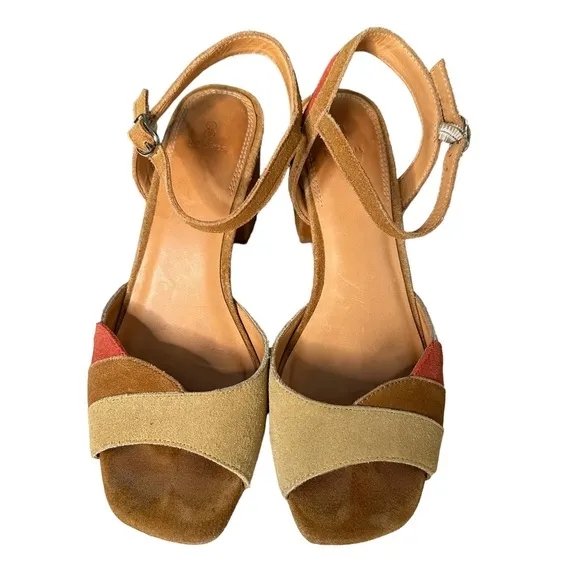 Anthropologie | Bill Blass Suede Square Open Toe Block Heel Sandals Size 6.5