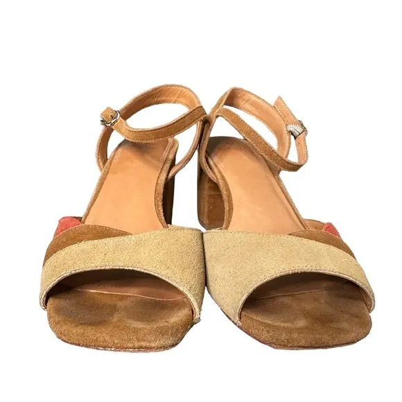 Anthropologie | Bill Blass Suede Square Open Toe Block Heel Sandals Size 6.5