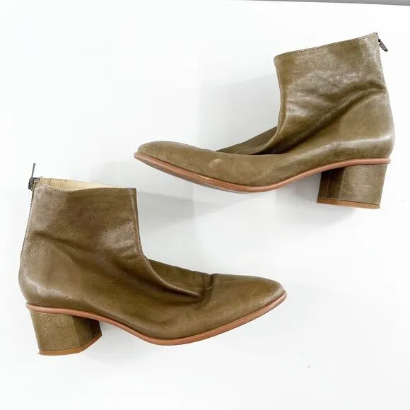 Anthropologie Emmeline Leather Ankle Boots Olive Green 39 / 9