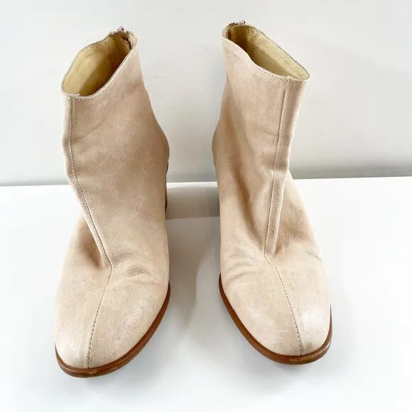 Anthropologie Emmeline Leather Block Heel Ankle Boots Bone Cream 39 / 9