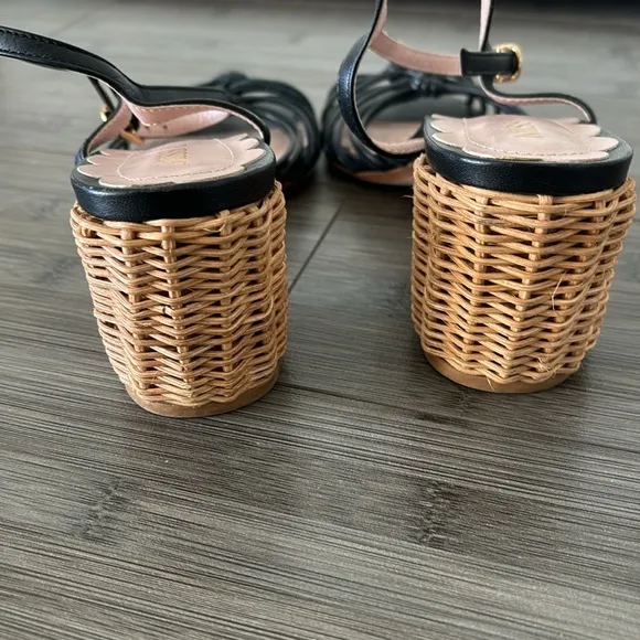 Anthropologie Miss L Fire Florentina Heeled Sandals black leather rattan heeled