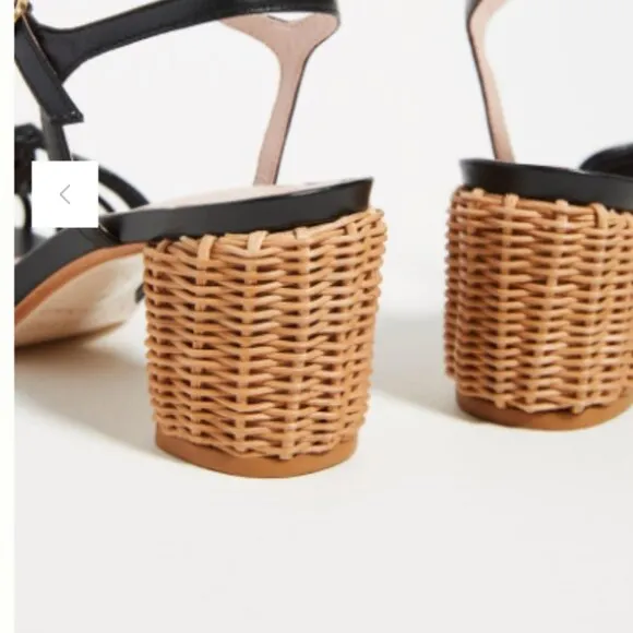 Anthropologie Miss L Fire Florentina Heeled Sandals black leather rattan heeled