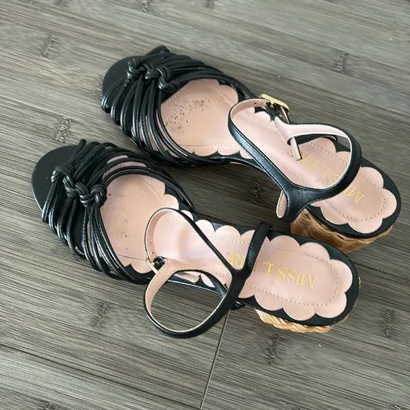 Anthropologie Miss L Fire Florentina Heeled Sandals black leather rattan heeled
