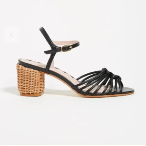 Anthropologie Miss L Fire Florentina Heeled Sandals black leather rattan heeled