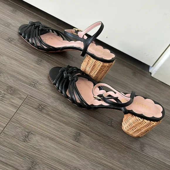 Anthropologie Miss L Fire Florentina Heeled Sandals black leather rattan heeled