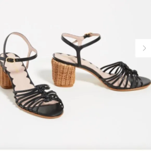 Anthropologie Miss L Fire Florentina Heeled Sandals black leather rattan heeled